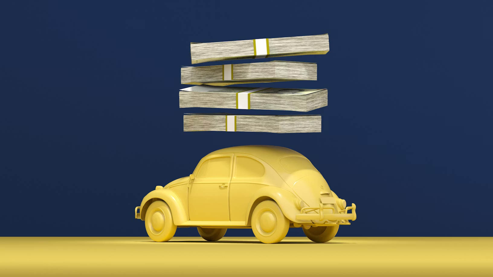 3D upodobitev rumenega avtomobila znamke Volkswagen Hrošč, nad katerim lebdijo štirje svežnji denarja na temno modrem ozadju.