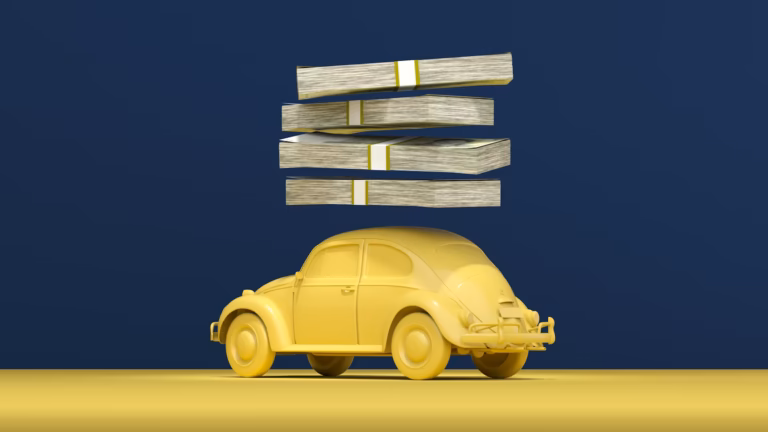 3D upodobitev rumenega avtomobila znamke Volkswagen Hrošč, nad katerim lebdijo štirje svežnji denarja na temno modrem ozadju.